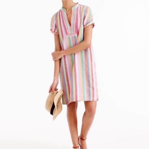 J Crew Women's Rainbow Pinstripe Linen Blend Dress Medium Petite - Picture 1 of 16